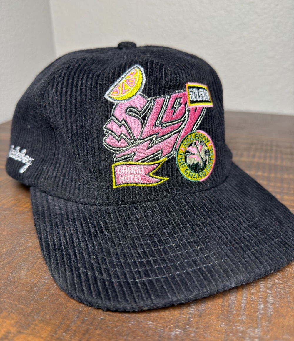 Soleboy FTL Grand Hotel Corduroy Snapback Hat Black Pink Cap Y2K Streetwear